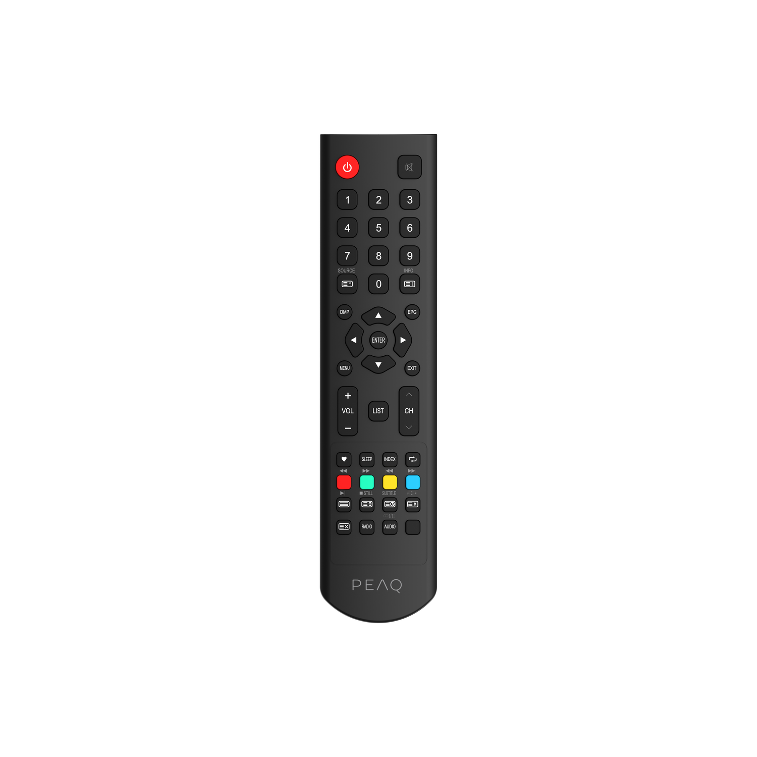 A black PEAQ remote control. It has many buttons with numbers, symbols, and functions like volume, channel, and power.