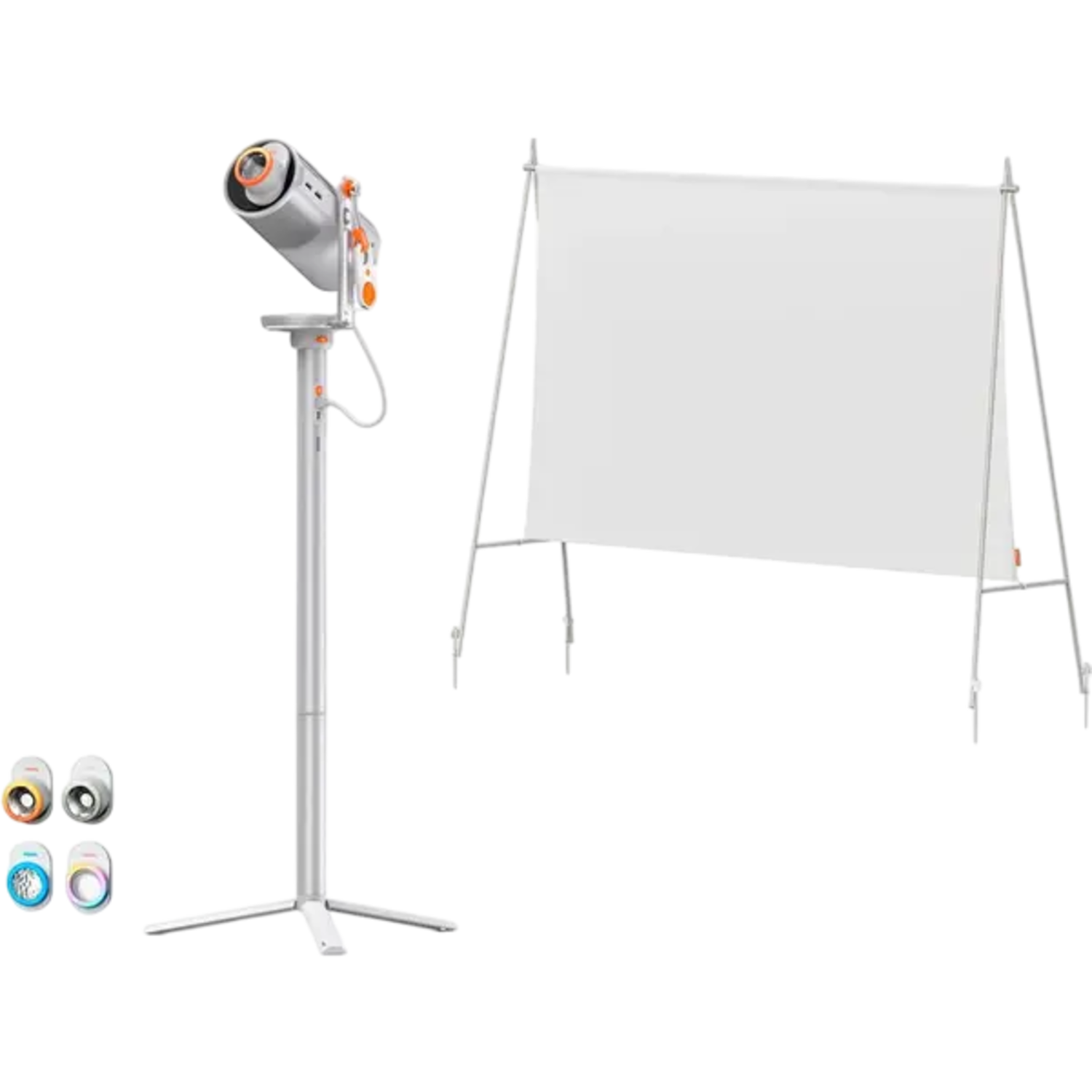 Een projector op een statief en een wit scherm staan in de afbeelding. Er zijn ook vier kleine gekleurde apparaten linksonder.
