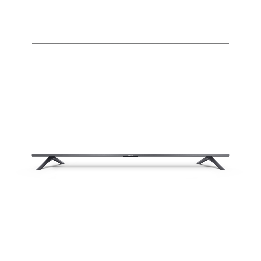 Duży telewizor z płaskim ekranem na czarnym tle. Telewizor ma srebrną ramkę i podstawę.