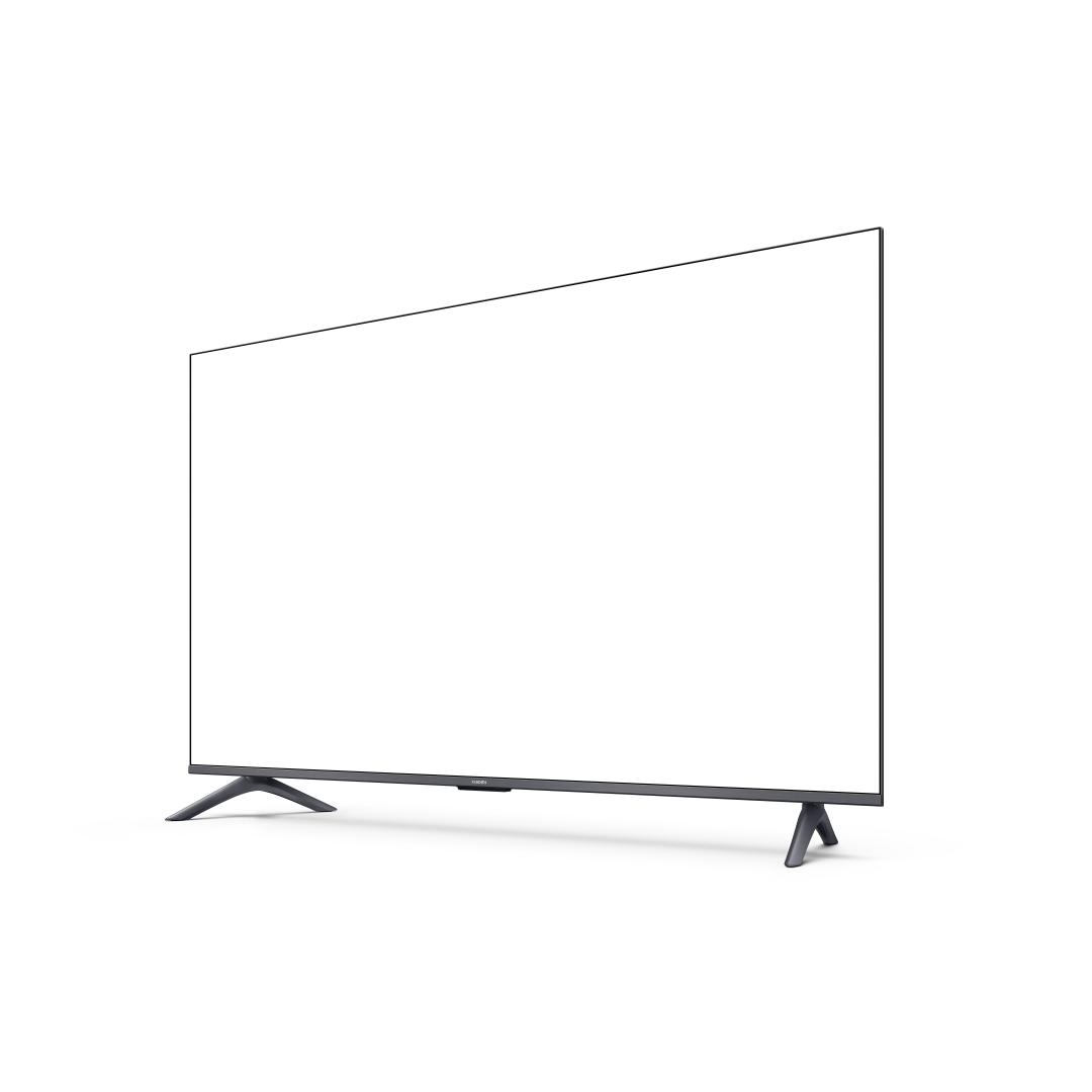 Duży telewizor z płaskim ekranem i ciemnym ekranem. Jest umieszczony na czarnym tle. Telewizor ma cienkie, szare nogi.