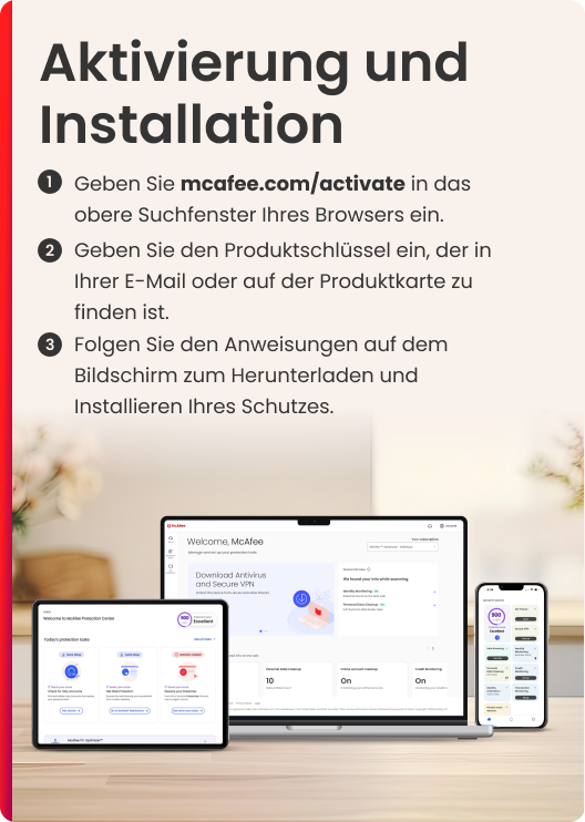 Anweisungen zur McAfee-Aktivierung und -Installation. Zeigt Tablet, Laptop und Telefon mit der McAfee-Oberfläche.