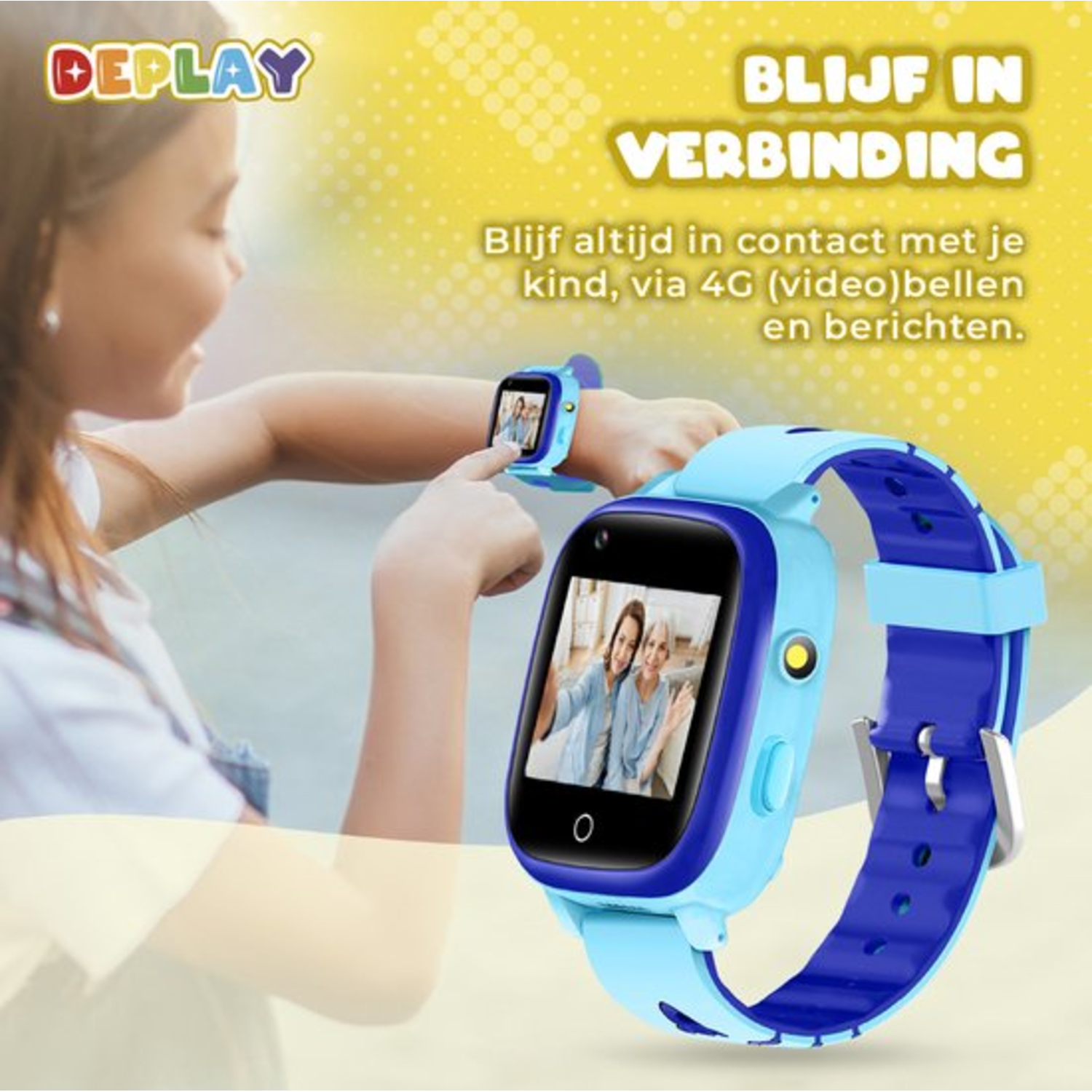 Een kinderarm met een blauwe smartwatch met een videogesprek op het scherm. De achtergrond toont gele highlights.