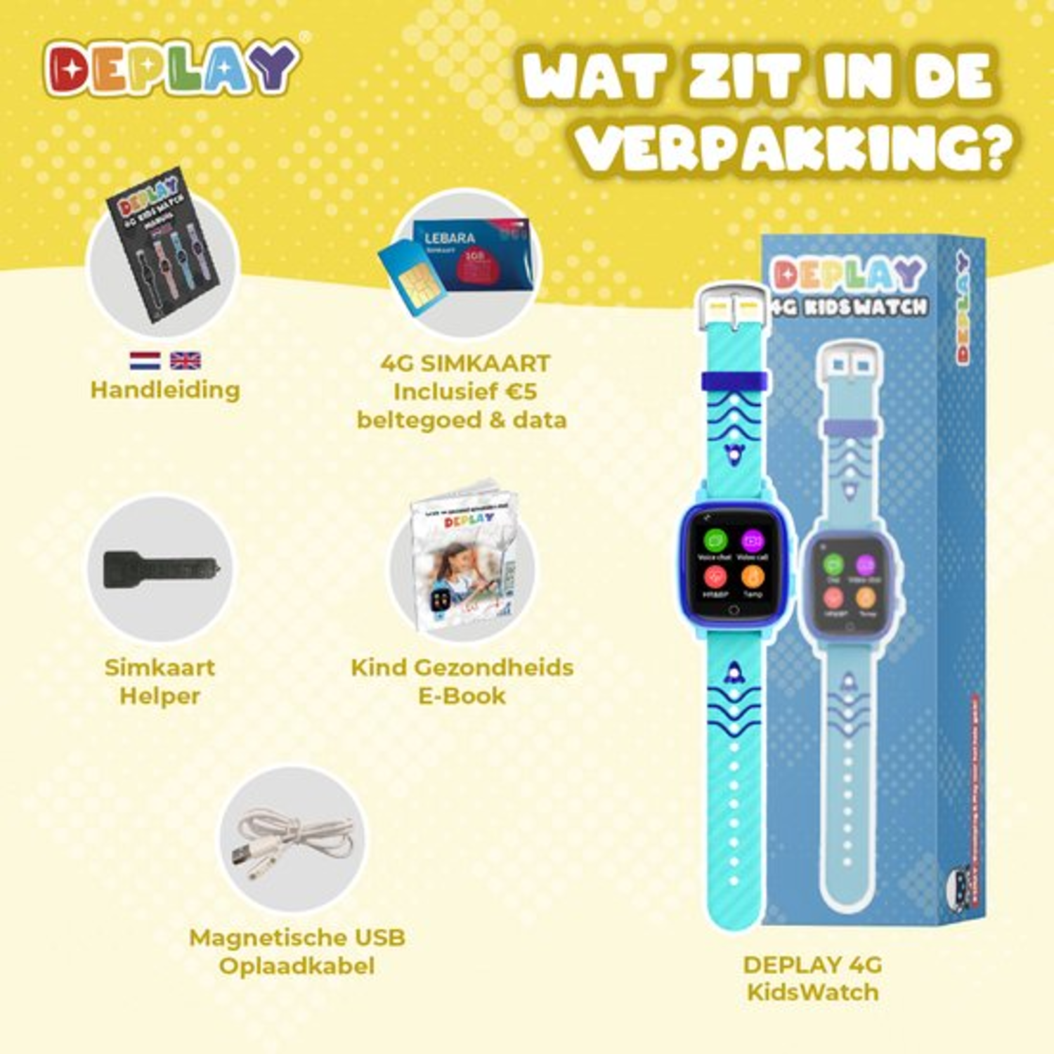 Een advertentie voor een Deplay 4G Kids Watch met meegeleverde accessoires zoals een simkaart, oplader en e-book.