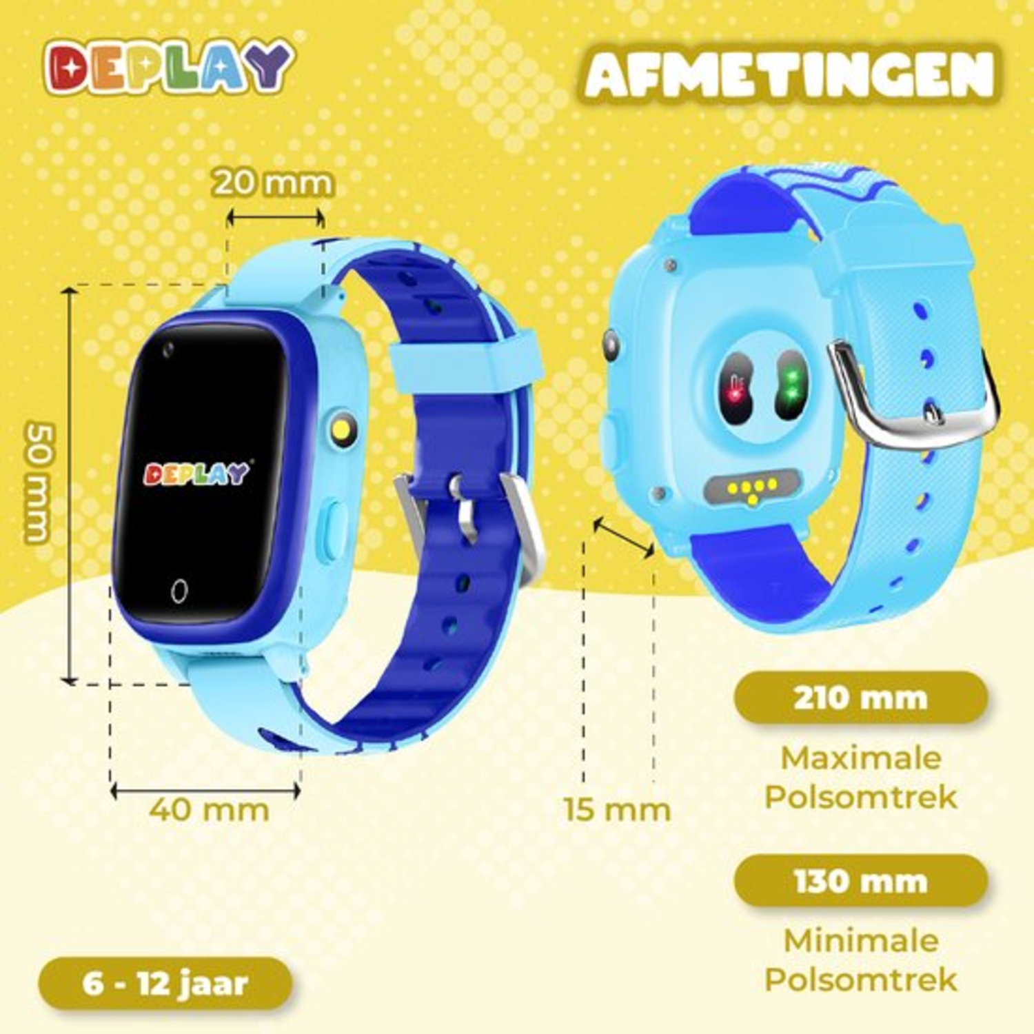 Een blauwe Deplay smartwatch met afmetingen. Het horloge is lichtblauw met een donkerblauwe band. Het heeft meetlabels op een gele achtergrond.