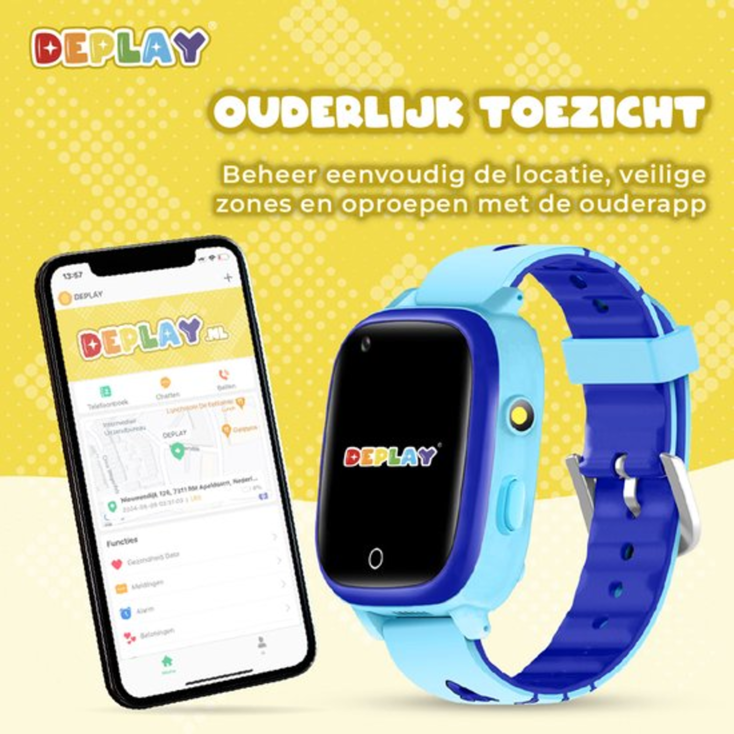 Een blauwe smartwatch en een smartphone met de Deplay-app-interface voor ouderlijk toezicht, op een gele achtergrond.