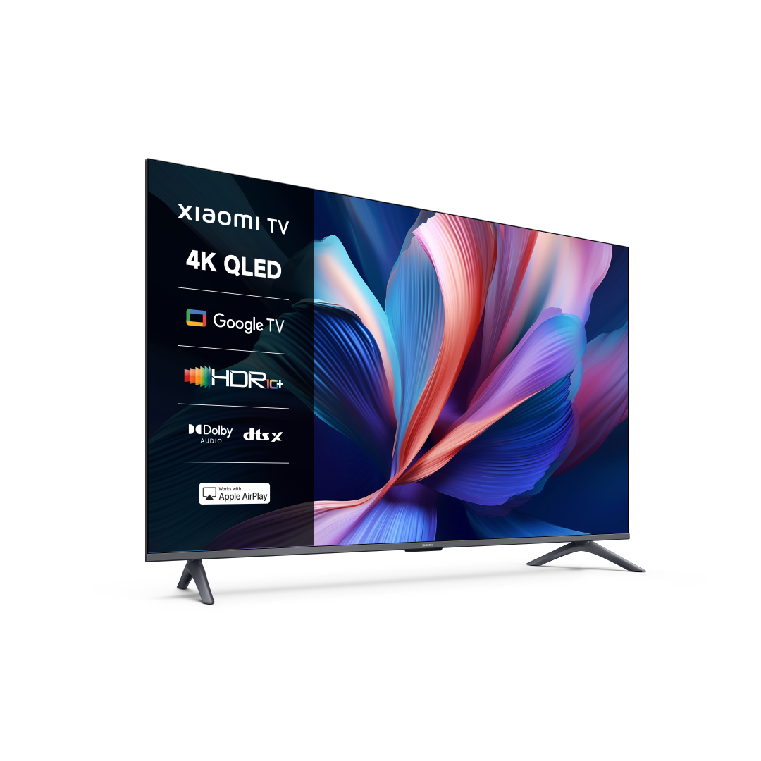 Telewizor Xiaomi z kolorowym, abstrakcyjnym wyświetlaczem. Funkcje obejmują 4K QLED, Google TV, HDR+, Dolby Audio, dts:x i Apple AirPlay.