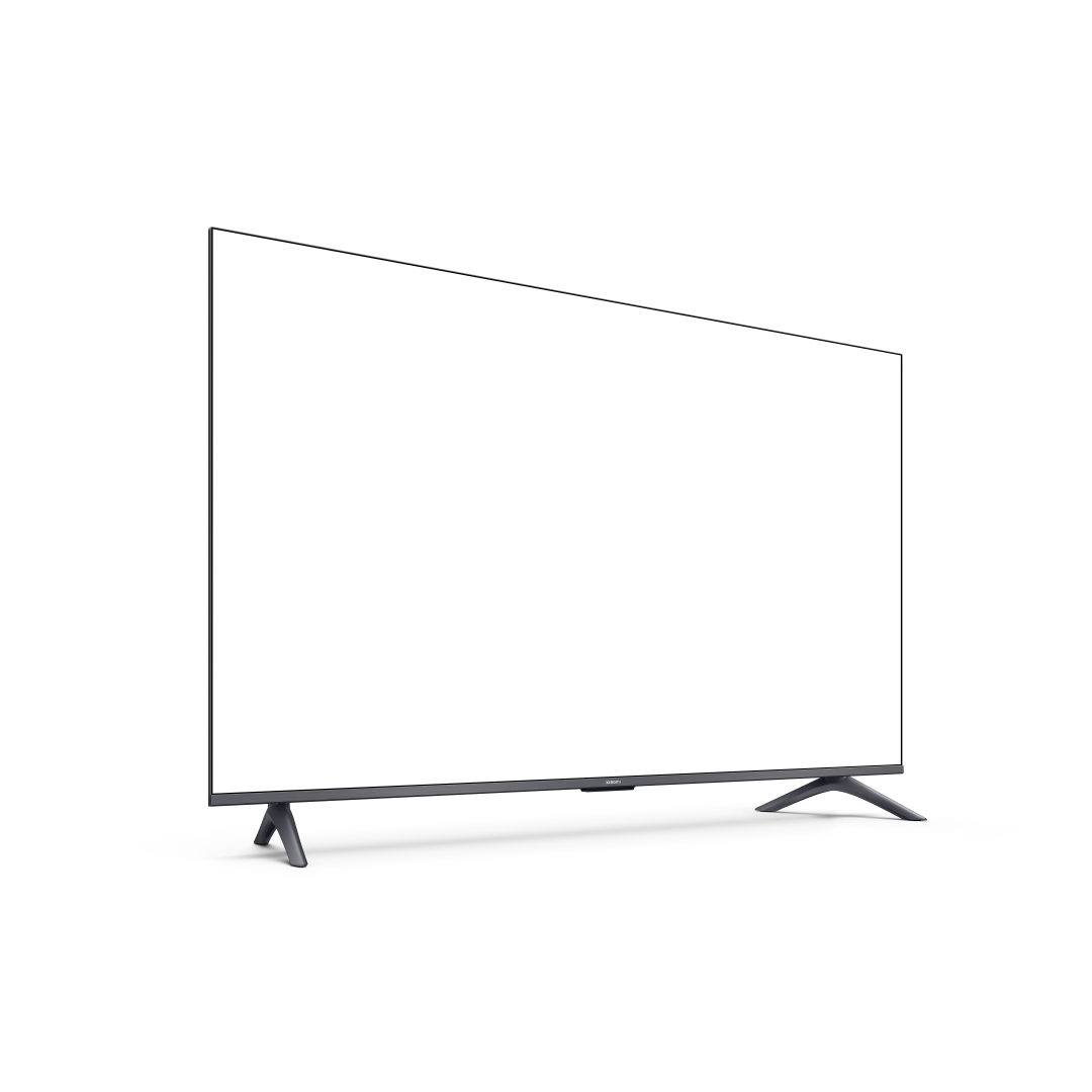 Duży telewizor z płaskim ekranem na czarnym tle. Telewizor ma ciemny ekran i szarą podstawę.