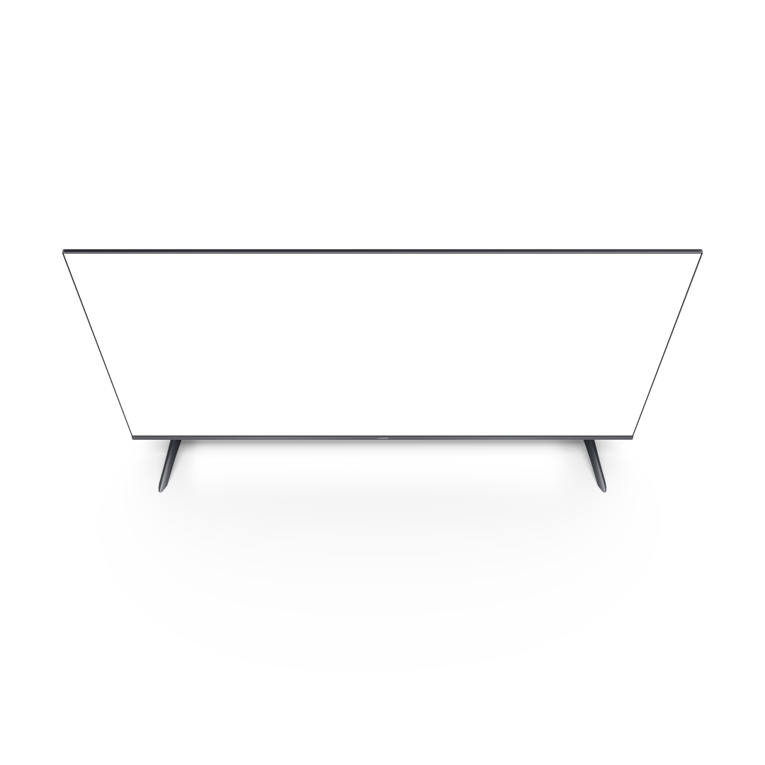 Czarny telewizor z cienką srebrną ramą i nogami jest wyśrodkowany na czarnym tle. Ekran jest wyłączony.