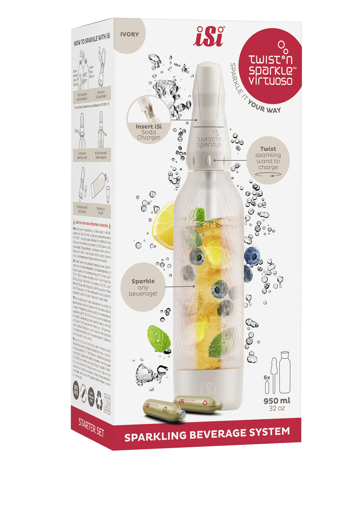 Ein ISI-Sprudelgetränkesystem. Eine Flasche mit Obst und Minze im Inneren und Anweisungen links.