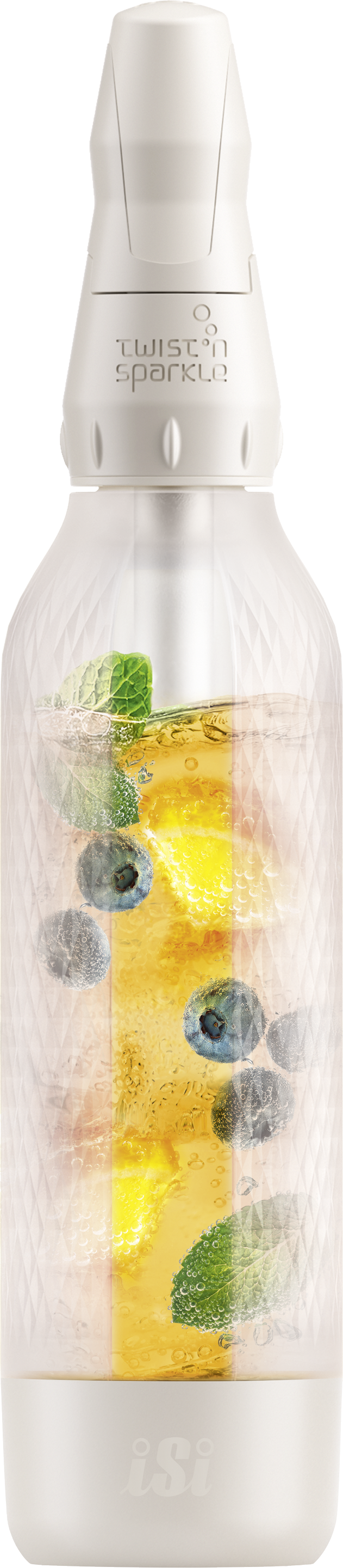 Eine klare Flasche mit sprudelnder Flüssigkeit, Blaubeeren, Minze und einer Orangenscheibe. Der obere und untere Teil sind weiß.