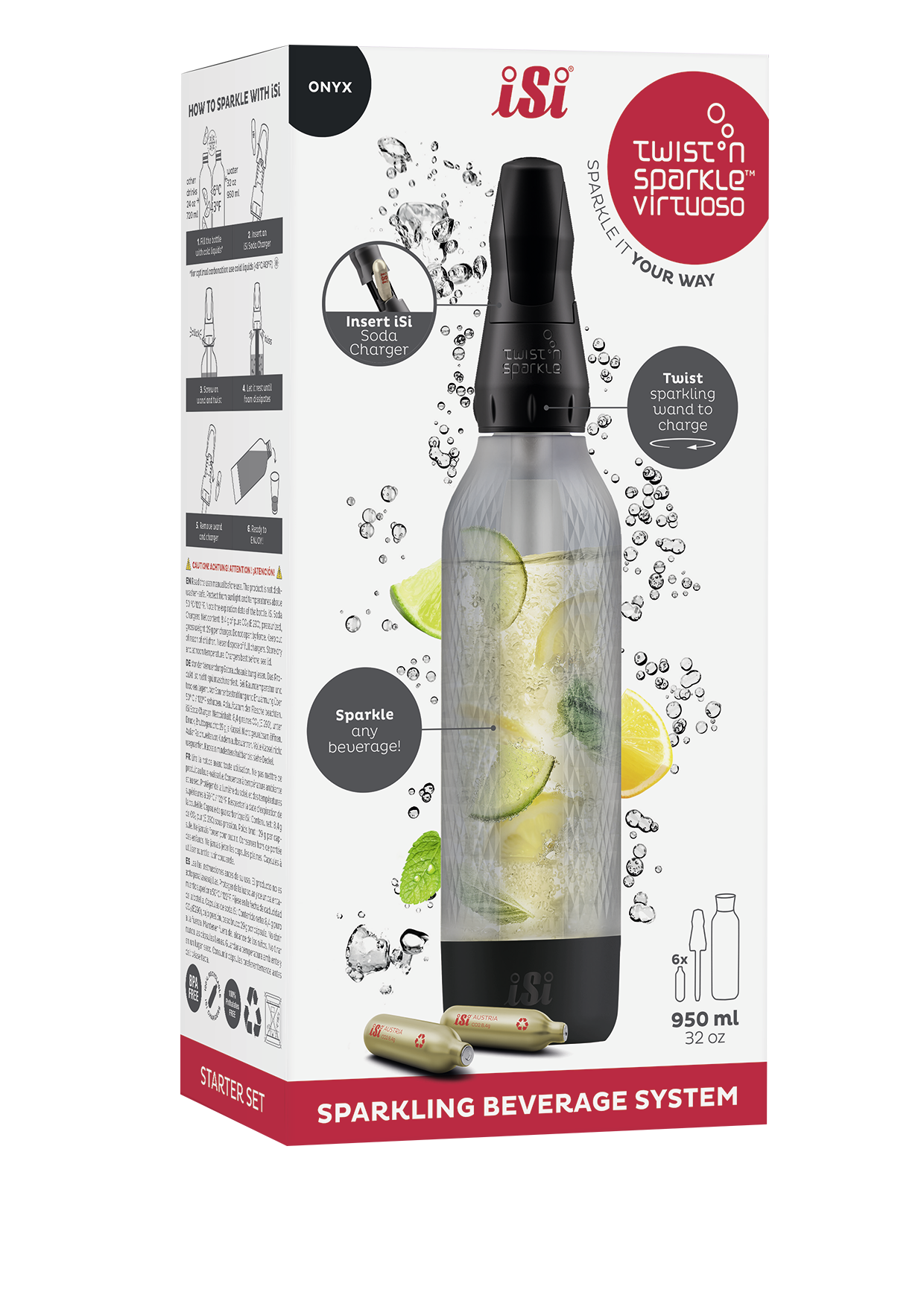 Ein iSi Sparkling Beverage System ist abgebildet. Die Flasche enthält Wasser, Zitrone und Minze. Anleitungen und Kartuschen sind ebenfalls sichtbar.