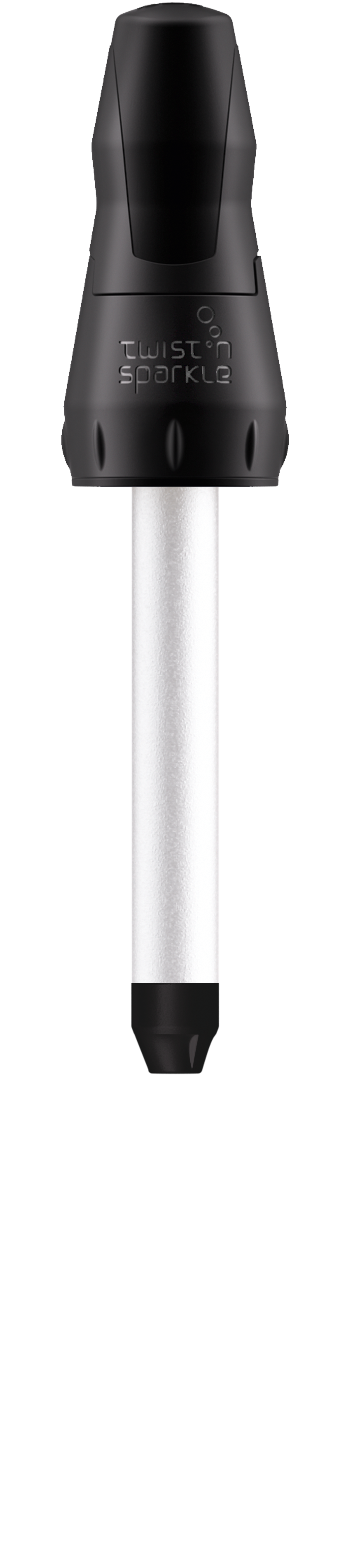Ein schwarzes Twist n' Sparkle-Gerät mit silbernem Zylinder und schwarzem Sockel vor schwarzem Hintergrund.