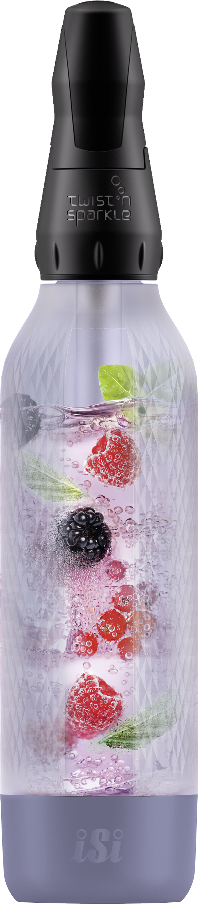 Ein Sprudelwasserbereiter mit Früchten und Minze. Schwarze Ober- und Unterseite. Beeren, Blasen und grüne Blätter im Inneren.