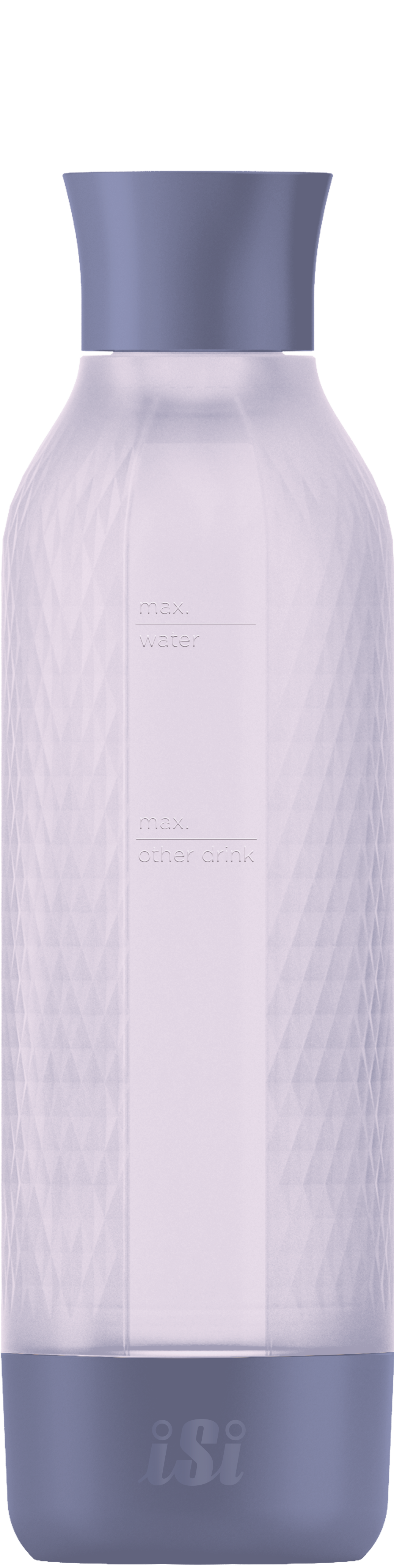 Eine hellviolette Wasserflasche mit Rautenmuster. Sie hat einen grauen Deckel und Boden. Die Flasche hat max. Wasser- und Getränkelinien.