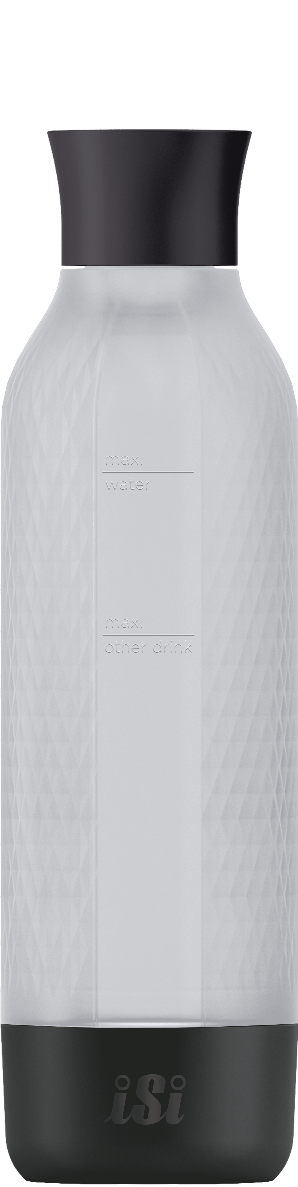 Eine klare Glasflasche mit schwarzem Deckel und Boden. Sie hat ein Diamantmuster und ein Etikett mit Wasser- und Getränkelinien.