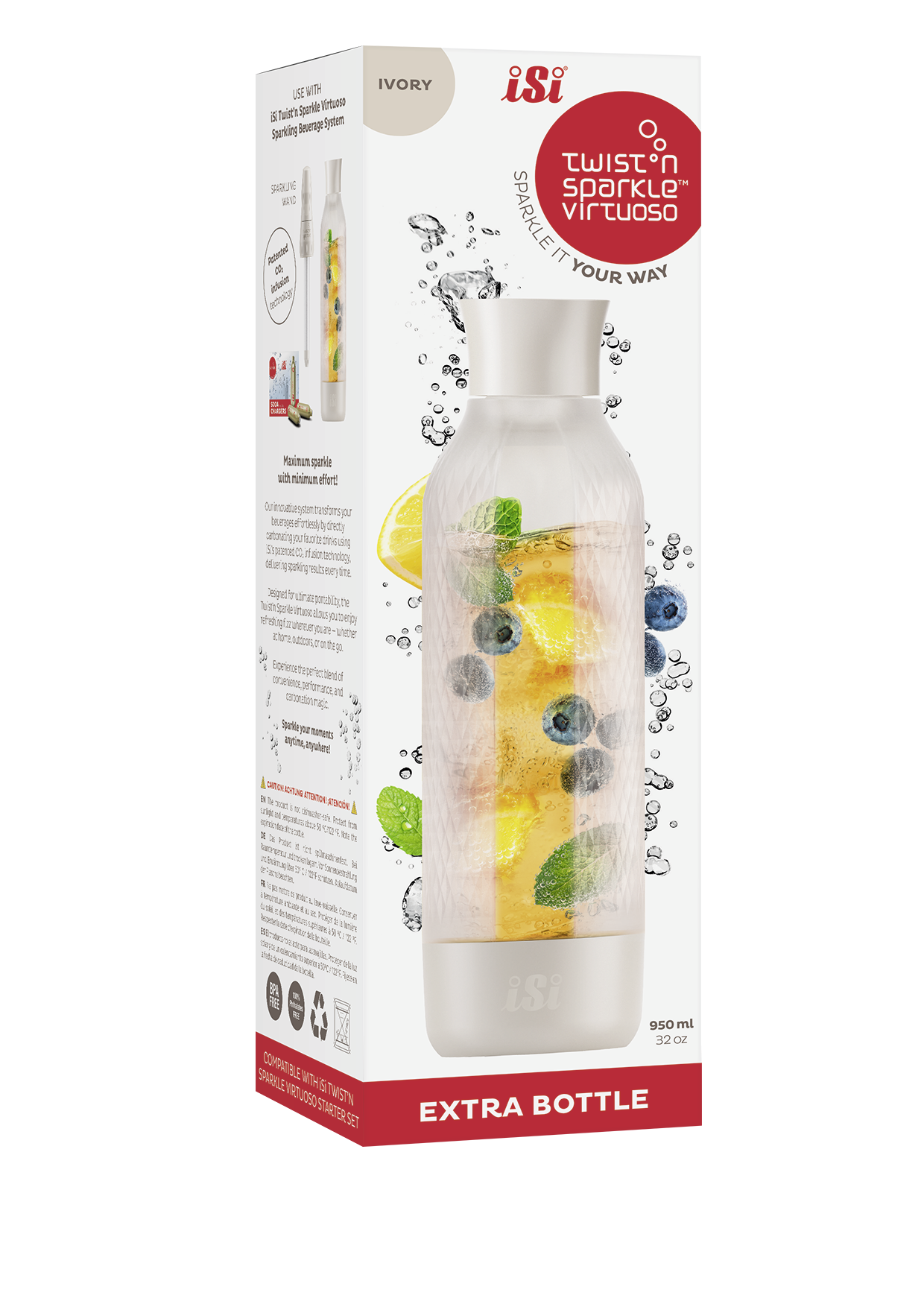 Eine Flasche mit Früchten, Blasen und einer Schachtel. Auf der Schachtel steht Twist'n Sparkle Virtuoso.