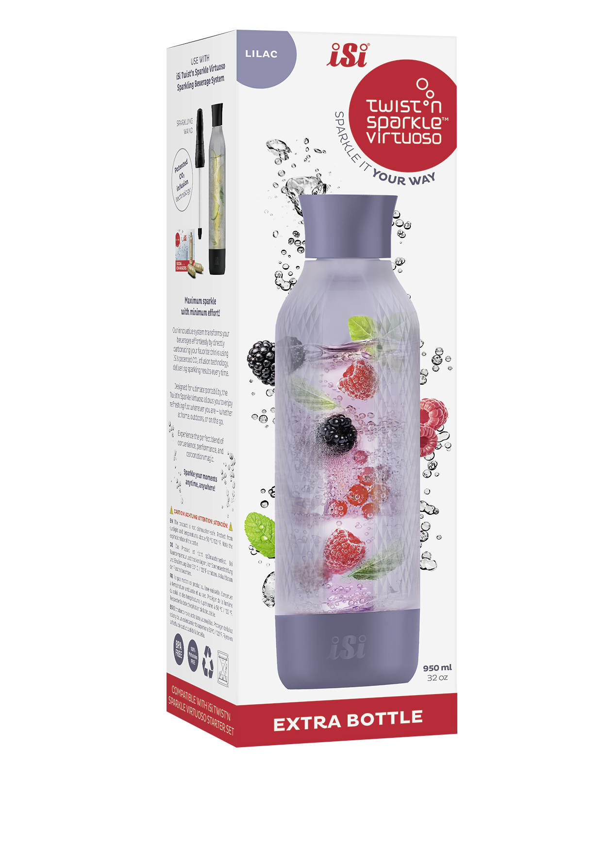 Eine lilafarbene iSi Twist'n Sparkle Virtuoso Flasche mit Früchten im Inneren. Die Verpackung zeigt das Produkt und Details.