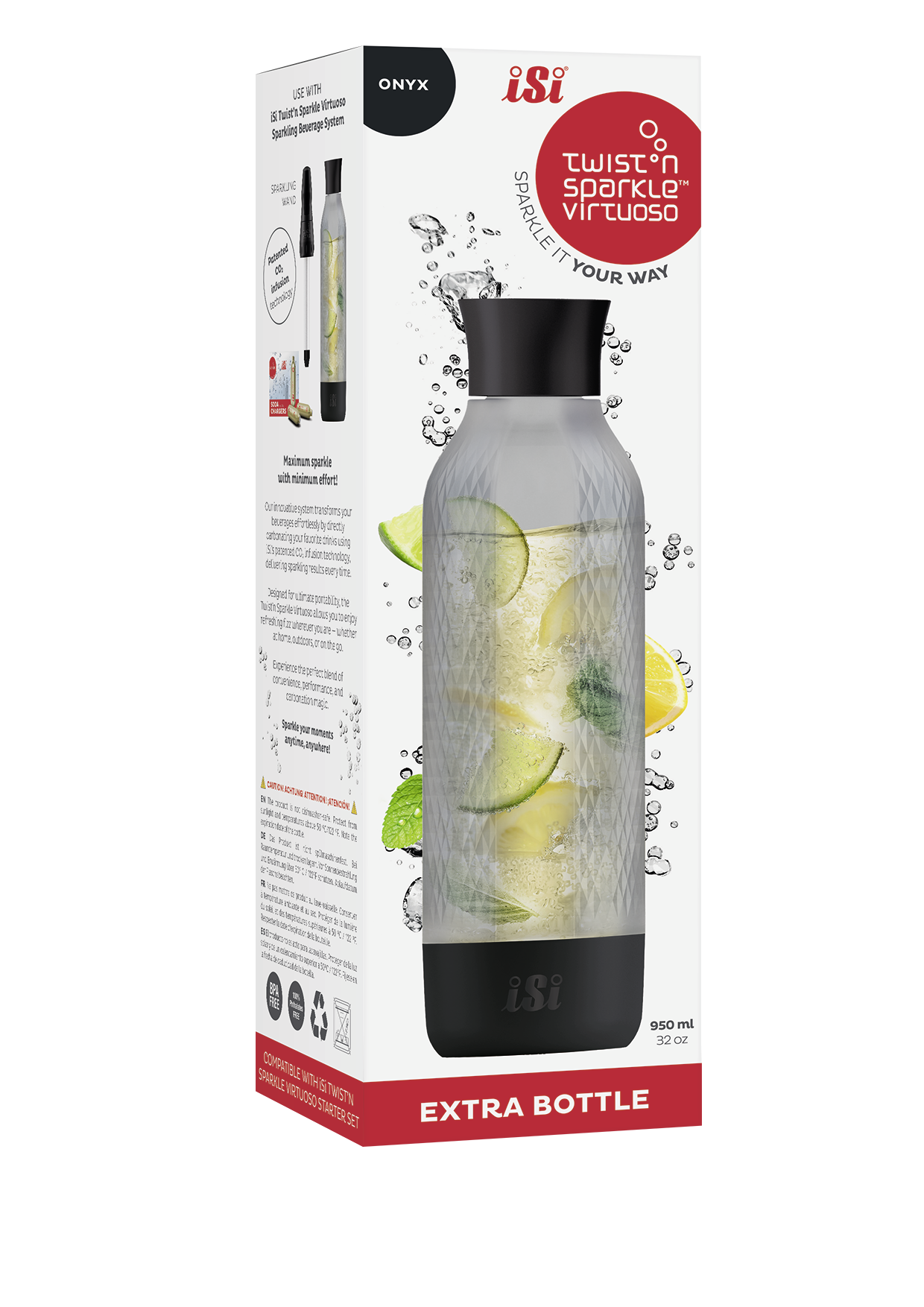 Eine Sprudelwasserflasche mit Obst und Minze. Die Flasche befindet sich neben einer Box mit Text und Logo.