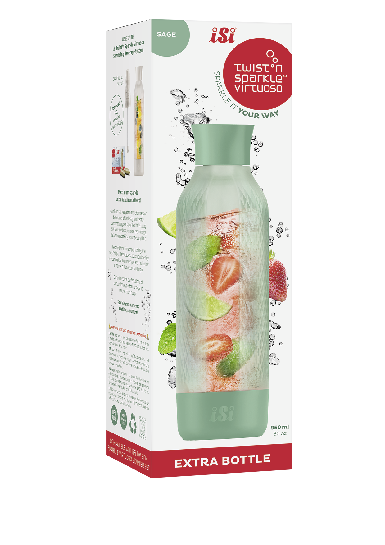 Grüne Flasche mit Fruchtscheiben und Minze. Die Flasche ist Teil eines sprudelnden Getränkesystems, mit Text und Logos.