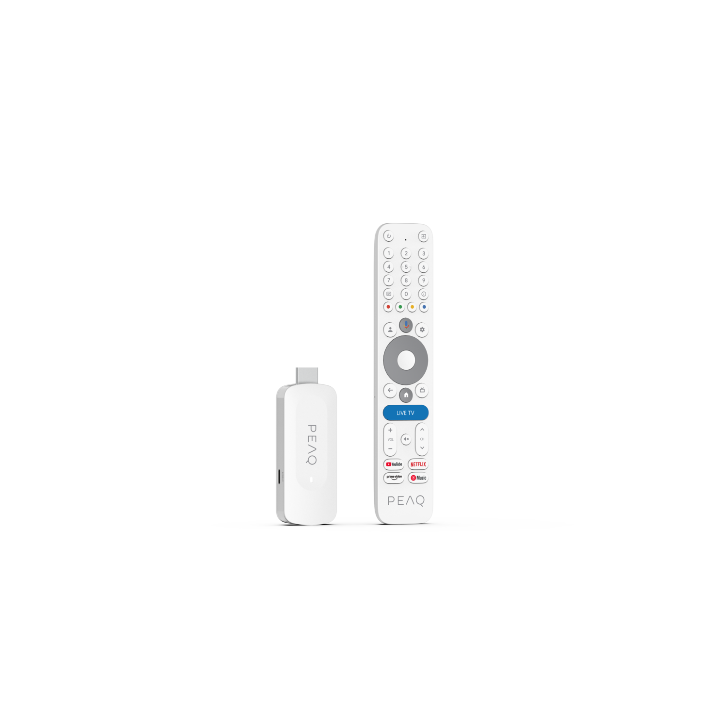 White streaming device and remote. Remote has buttons for volume, channel, and streaming services. The device has the brand PEAQ.