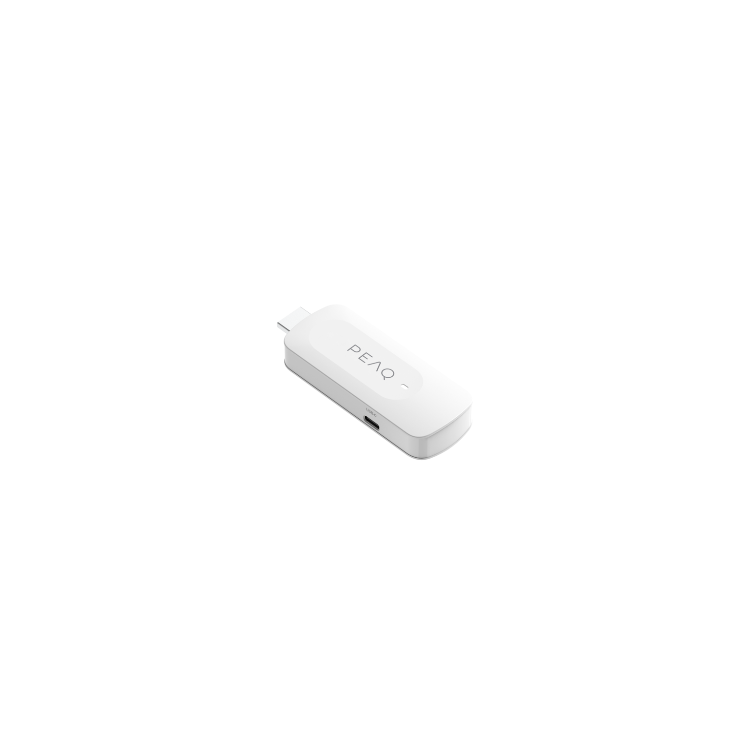 A white PEAQ device, with the brand name on top, lies on a black background. The device has a USB-C port.