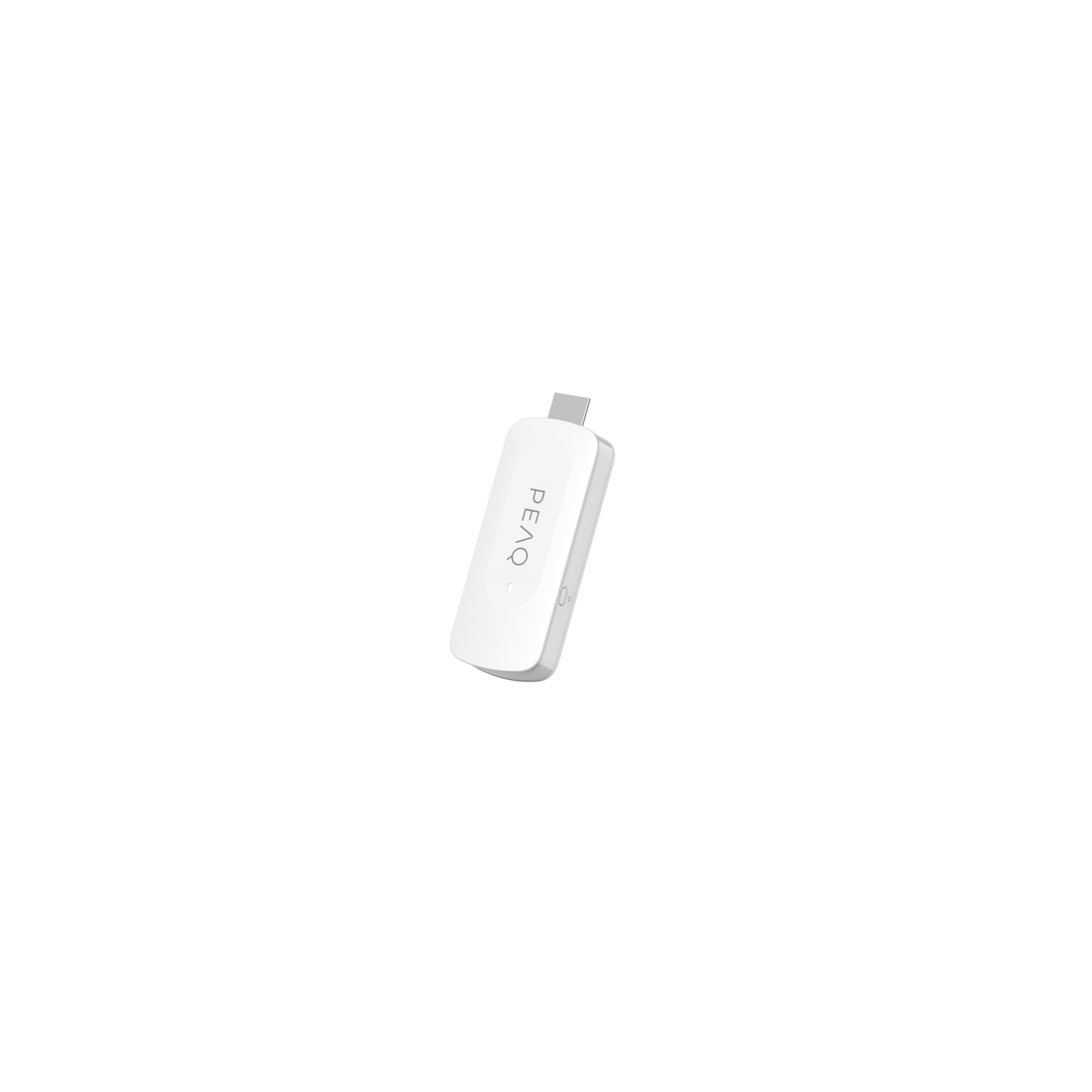 A white Peaq branded device on a black background. The device has a USB-C port. The device is slightly angled.
