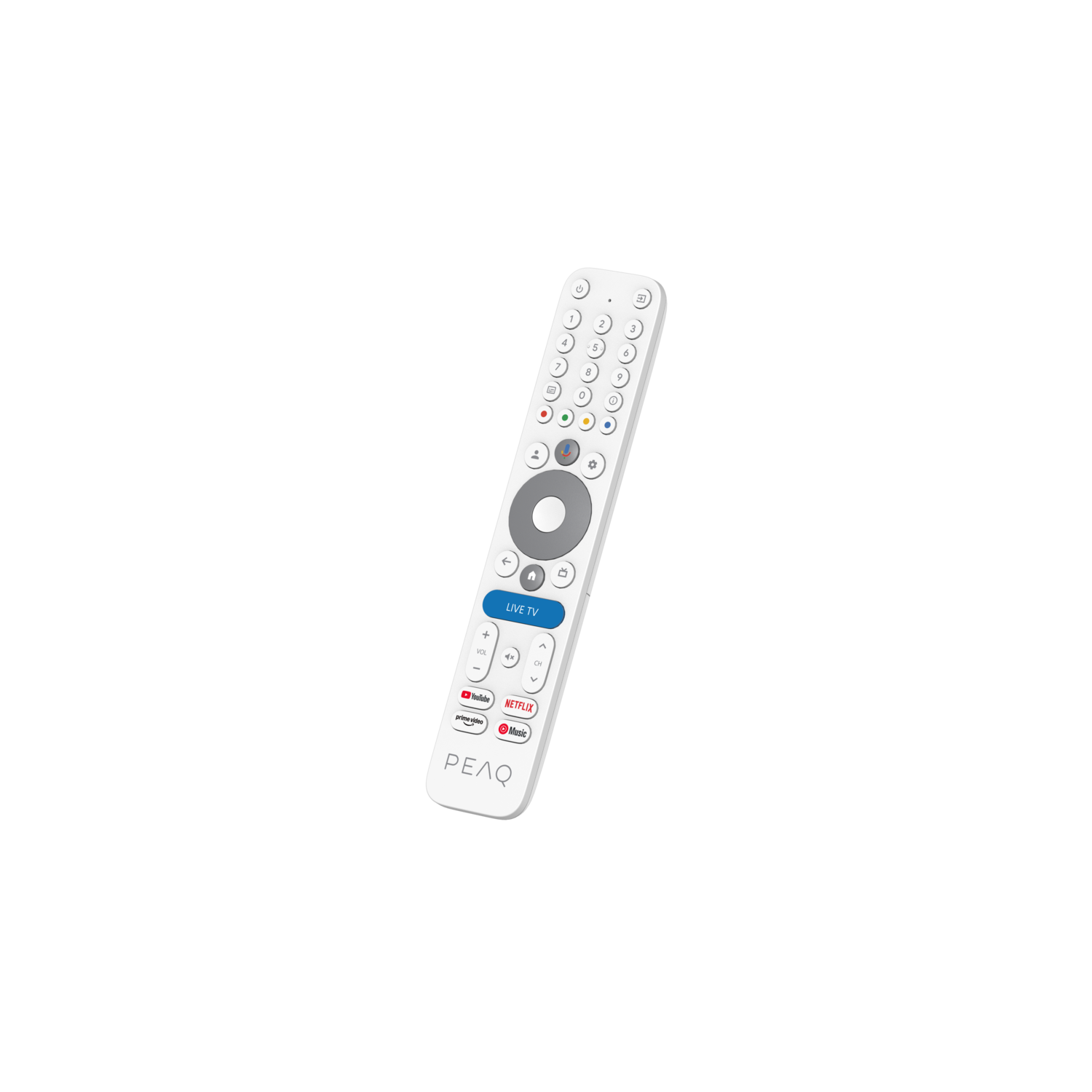 Een witte afstandsbediening met knoppen voor stroom, volume, kanalen en streamingdiensten zoals YouTube en Netflix, tegen een zwarte achtergrond.