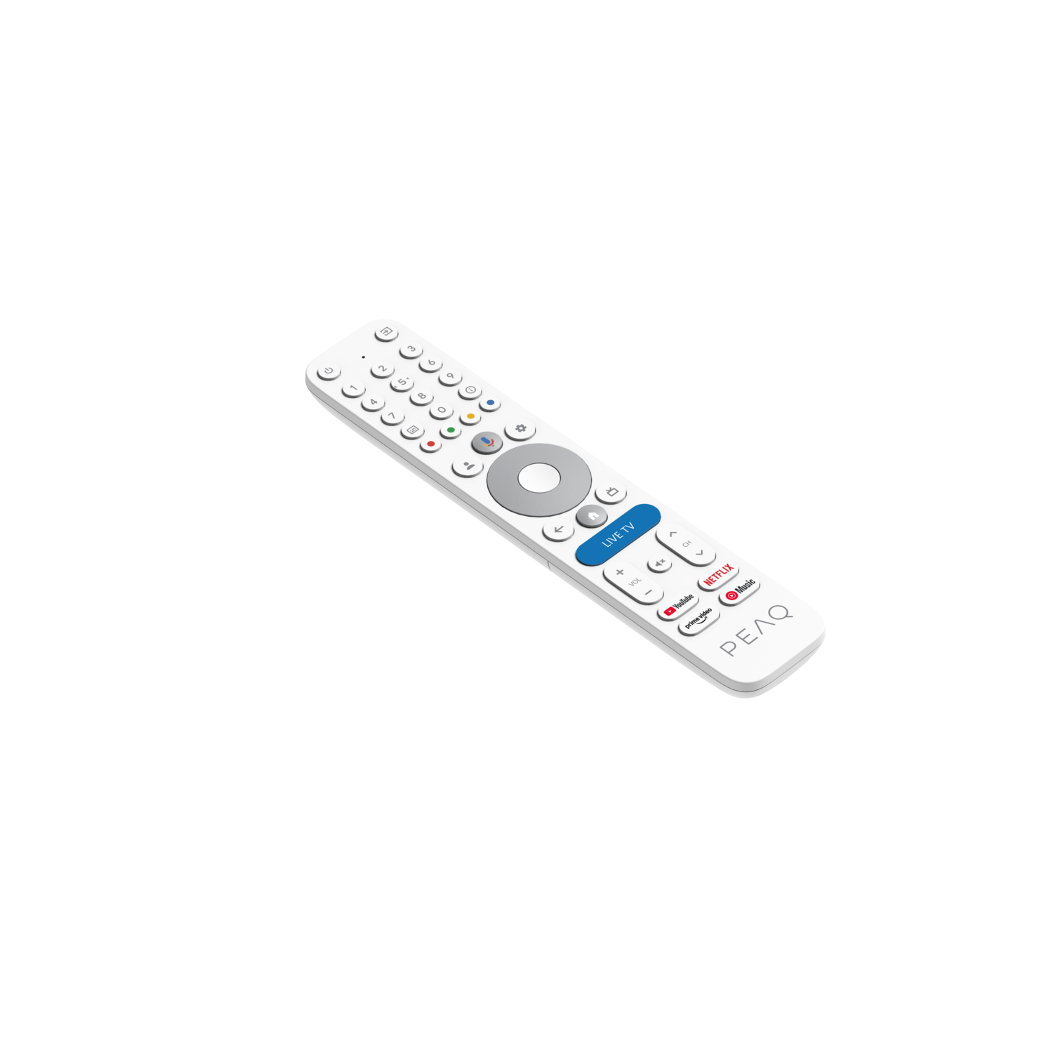 Witte afstandsbediening met knoppen, waaronder volume, kanaal en app-snelkoppelingen. De achtergrond is effen zwart.