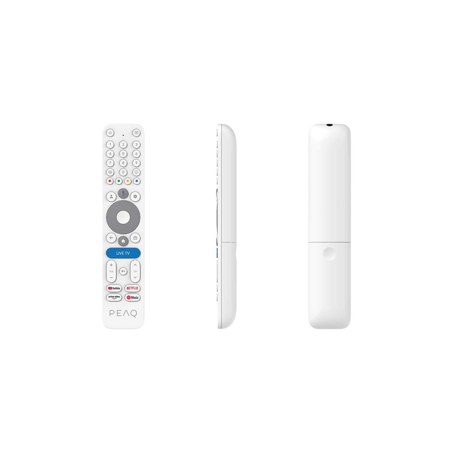 Een witte PEAQ afstandsbediening in drie weergaven. Toont knoppen voor nummers, volume, kanalen en streamingdiensten zoals YouTube en Netflix.