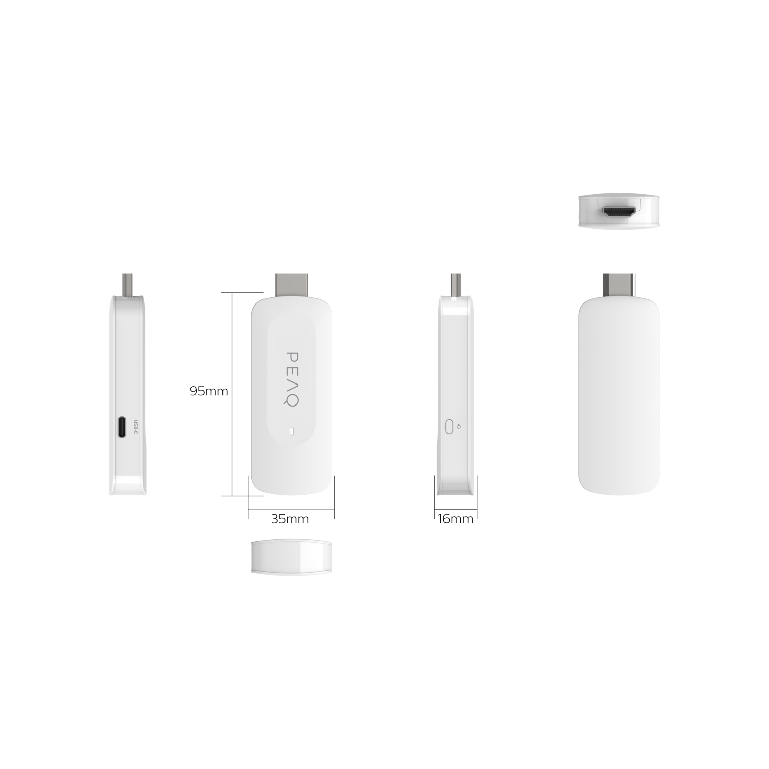 Verschillende witte streaming-apparaten in verschillende oriëntaties op een zwarte achtergrond. De apparaten hebben USB-C- en HDMI-poorten.