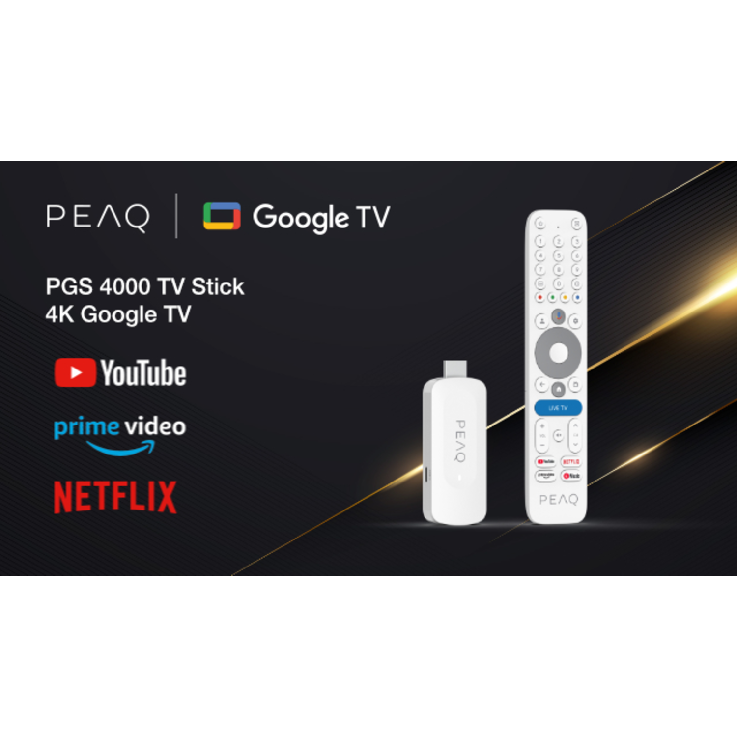Afbeelding toont een PEAQ PGS 4000 TV Stick, afstandsbediening en Google TV-logo. Streamingdienstlogo's zoals YouTube, Prime Video en Netflix zijn zichtbaar.
