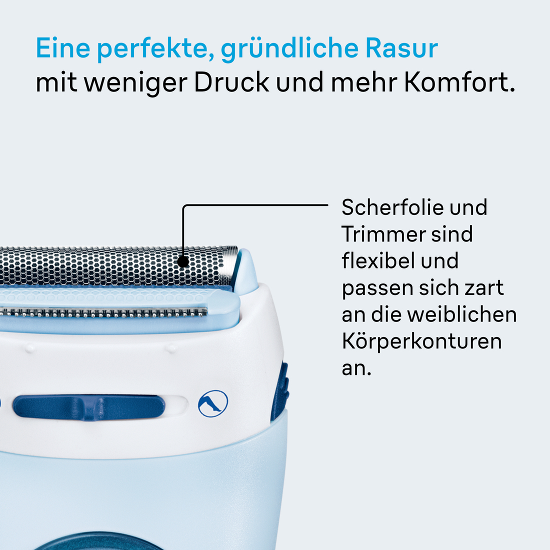 Nahaufnahme eines Elektrorasierers. Er hat ein blau-weißes Design. Der Text besagt, dass er eine perfekte, gründliche Rasur ermöglicht.
