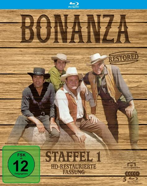 Cover für Bonanza Staffel 1 Blu-ray. Zeigt vier Männer mit Cowboyhüten. Holz Hintergrund mit Titel 'Bonanza' und 'Restored'.