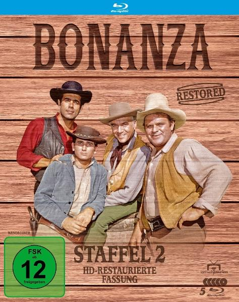 Cover von Bonanza Staffel 2. Vier Männer in Cowboy-Kleidung stehen vor einem Holz-Hintergrund. Der Text enthält "Bonanza" und "Restored".