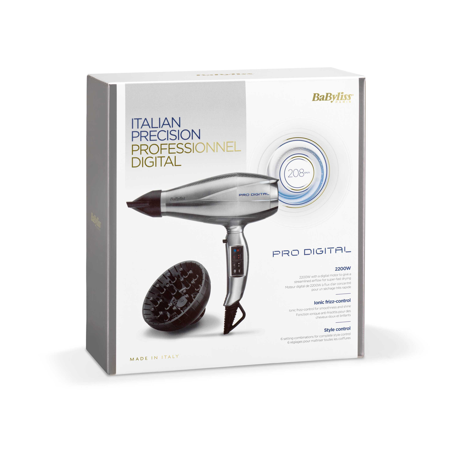 Een Babyliss haardrogerdoos. De doos is wit met tekst en afbeeldingen van de haardroger. Een diffuser staat naast de doos.