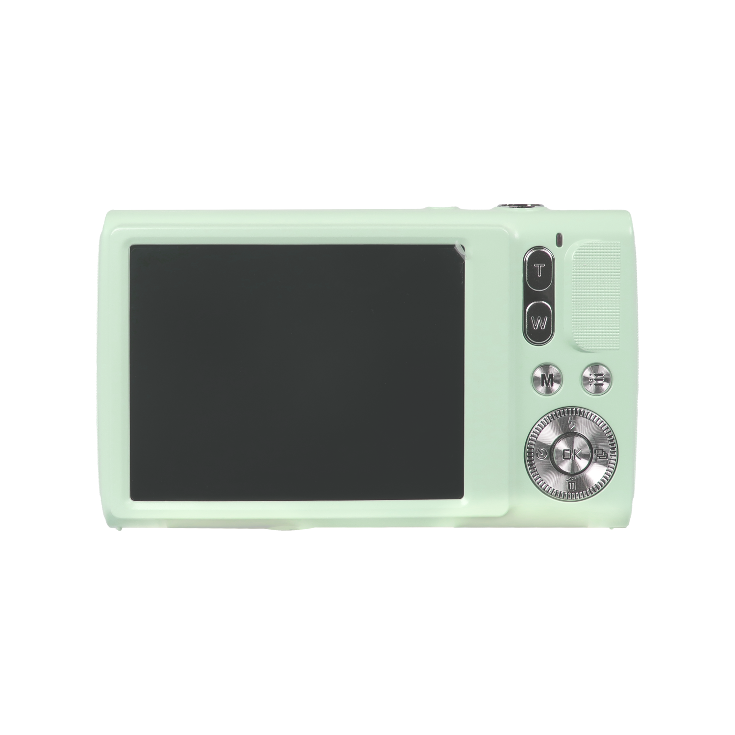 Rear view of a mint green digital camera. It has a black screen and several silver control buttons. Background is black.