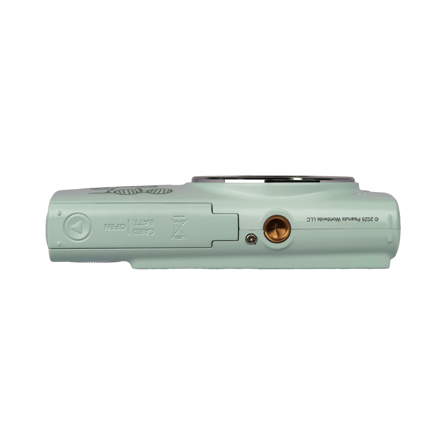 A light green camera is seen from the top. It has a bronze-colored port and various markings and labels. The background is black.