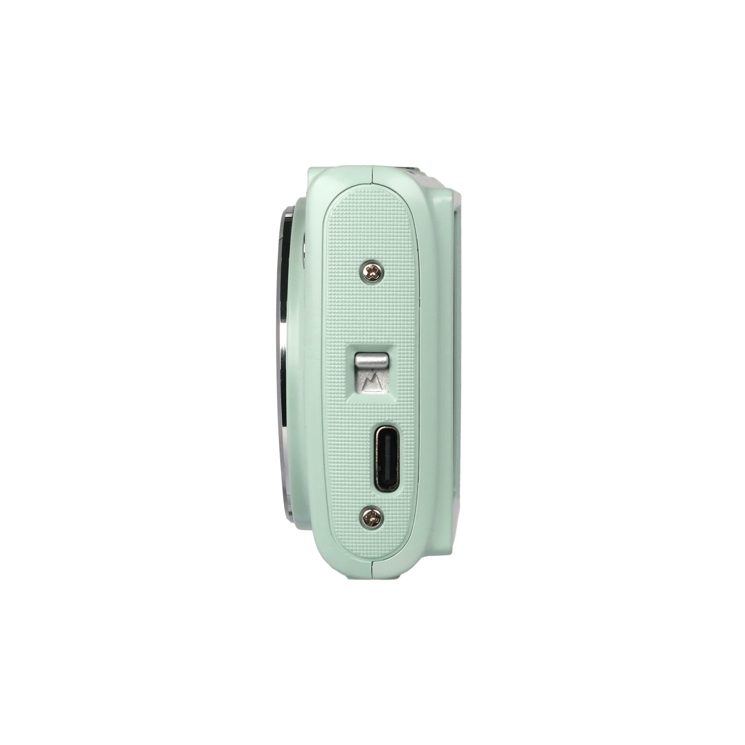 Side view of a light green digital camera. It has a textured grip, several ports, and screws visible on its side.