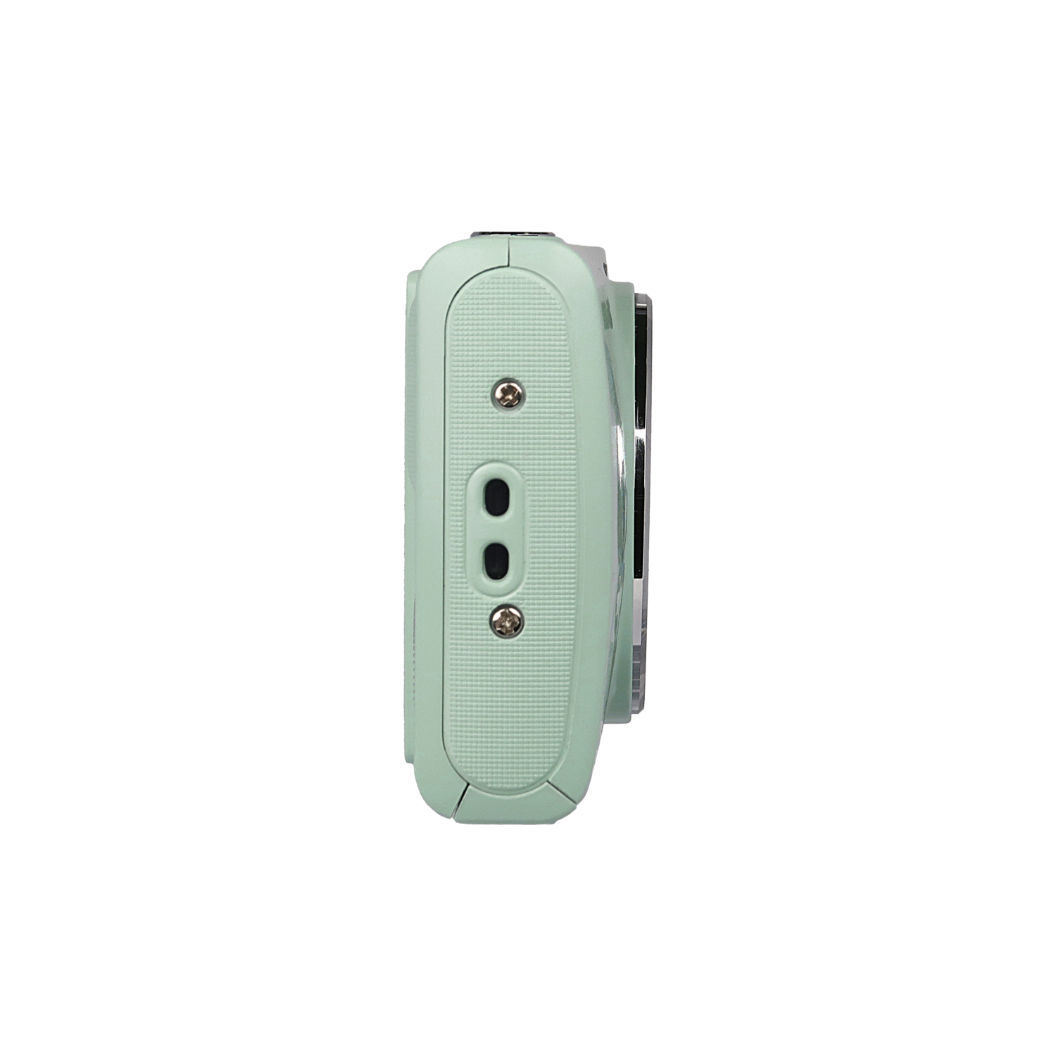 Side view of a light green instant camera. It has a textured surface, silver screws, and a lens on the side.