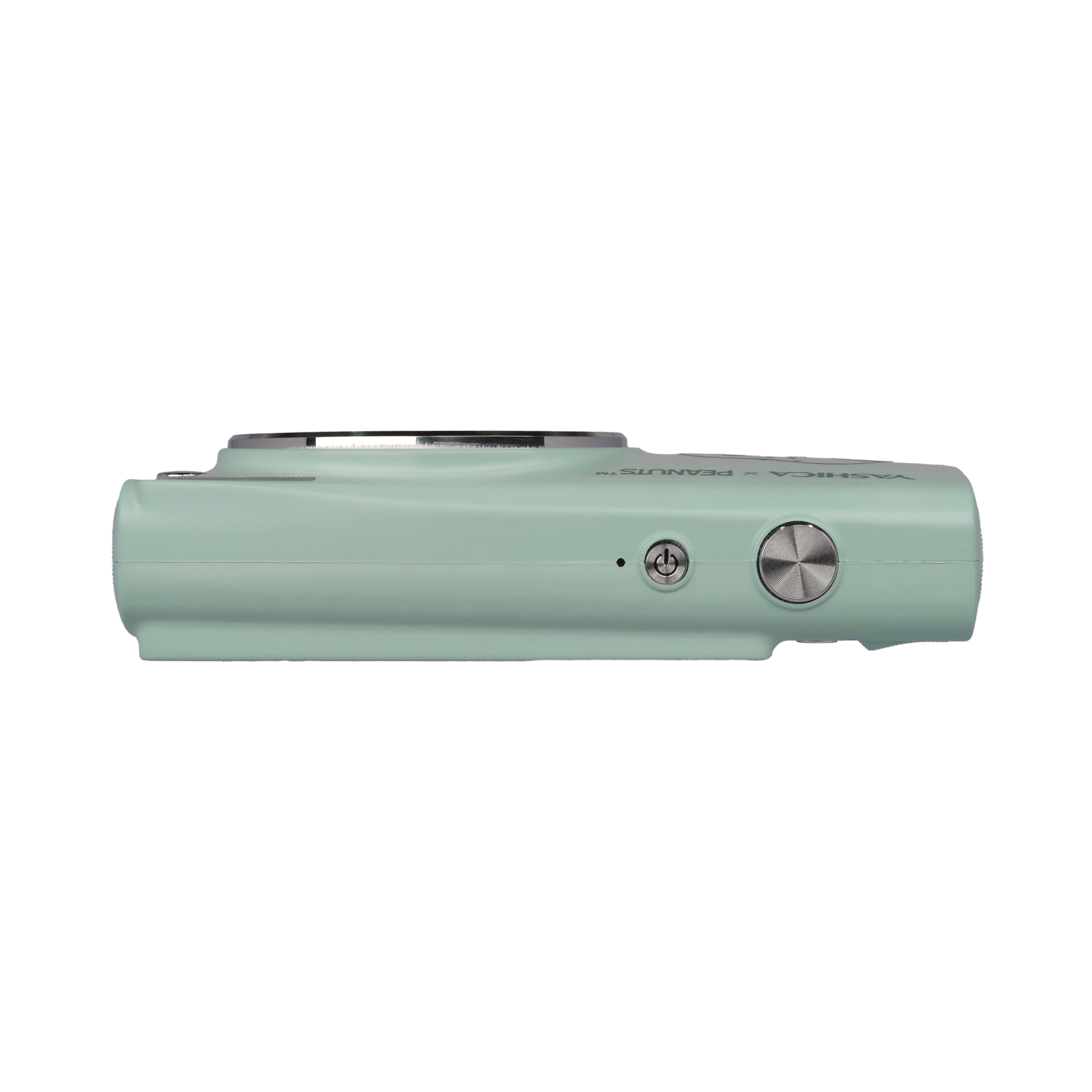 A mint-green camera on a black background. It has a silver button and power button visible. The brand is YASHICA x PEANUTS.
