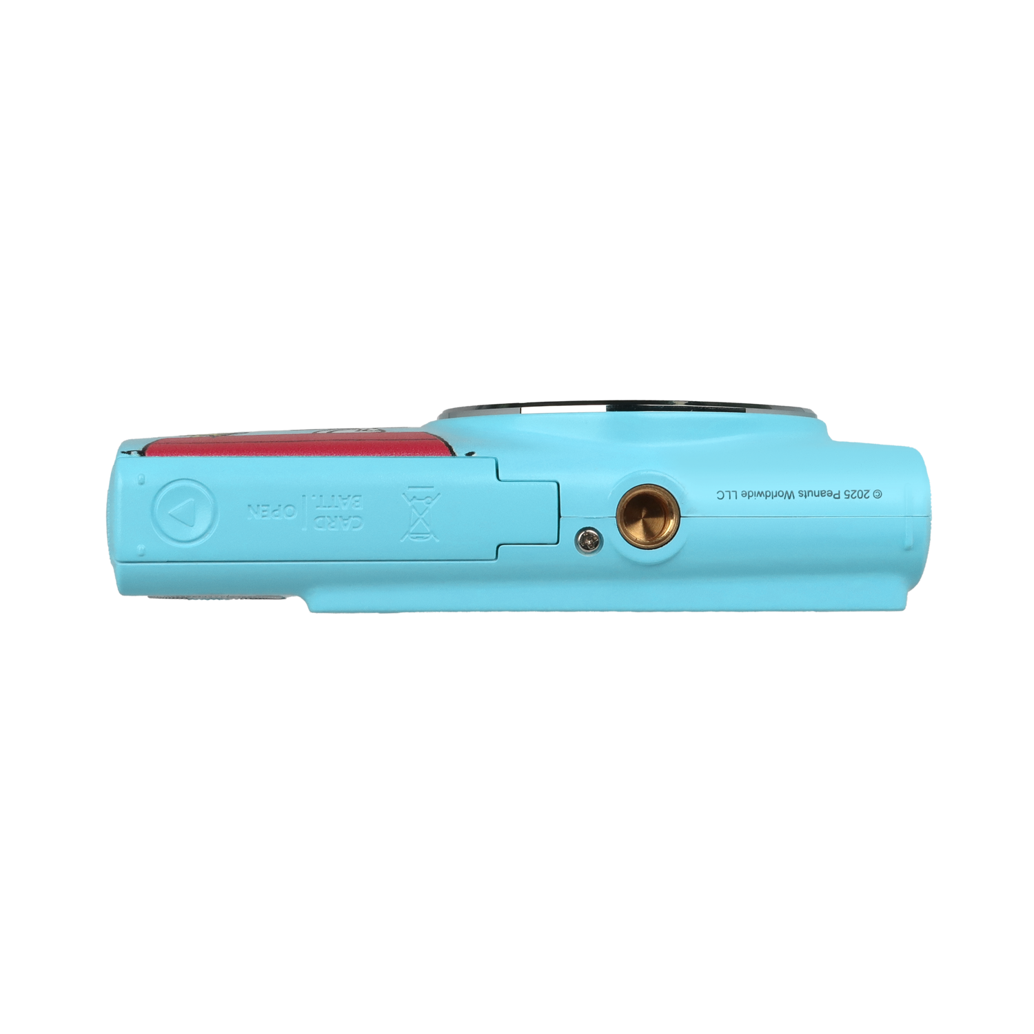 Een lichtblauwe camera met een rode bovenkant. Het heeft een goudkleurige knop en de woorden 'CARD' en 'BATT' zijn zichtbaar.