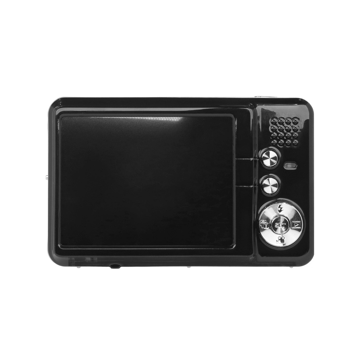 Een zwarte digitale camera met een groot scherm en knoppen aan de zijkant, tegen een zwarte achtergrond.