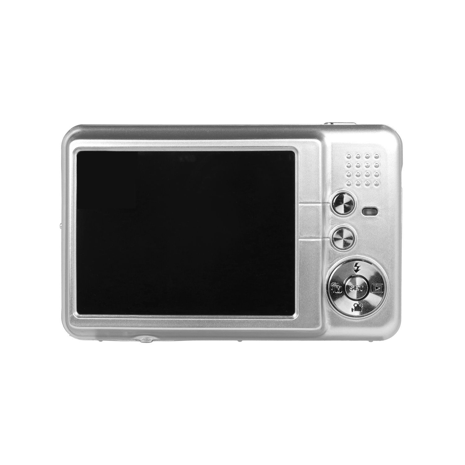 A silver digital camera is centered on a black background. The screen is black, and buttons are visible on the right.