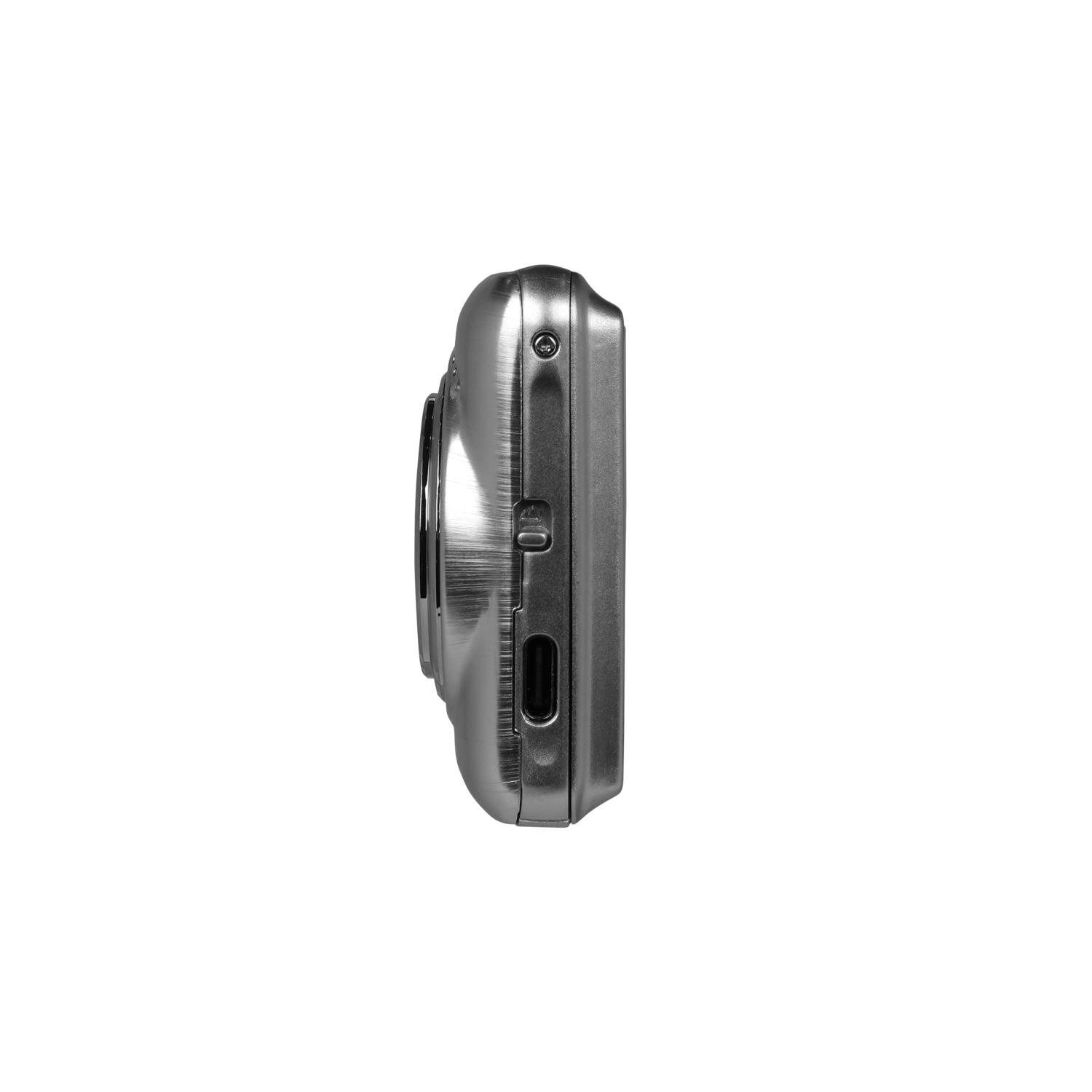 A silver digital camera is seen in profile against a black background. The camera's side with buttons and ports is visible.