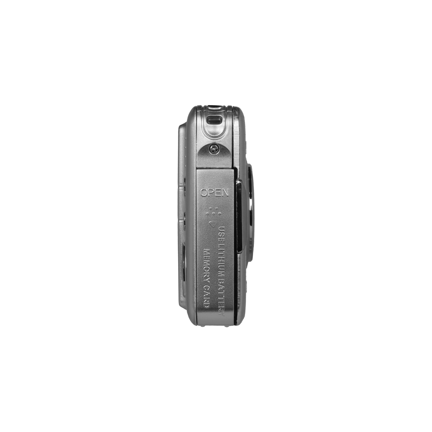 A silver digital camera on a black background. The side shows the battery and memory card slot with text.
