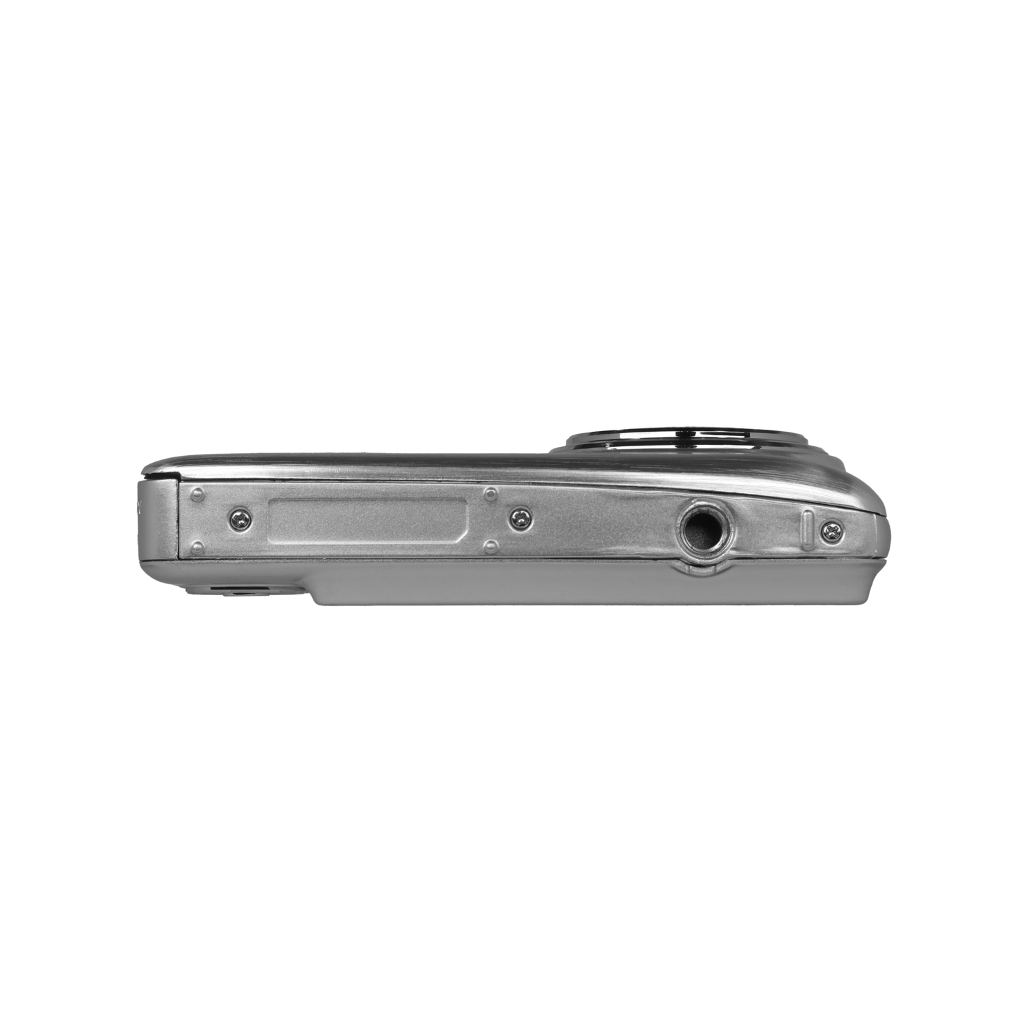 A silver digital camera is shown against a black background. The camera is positioned horizontally, showing its side profile.