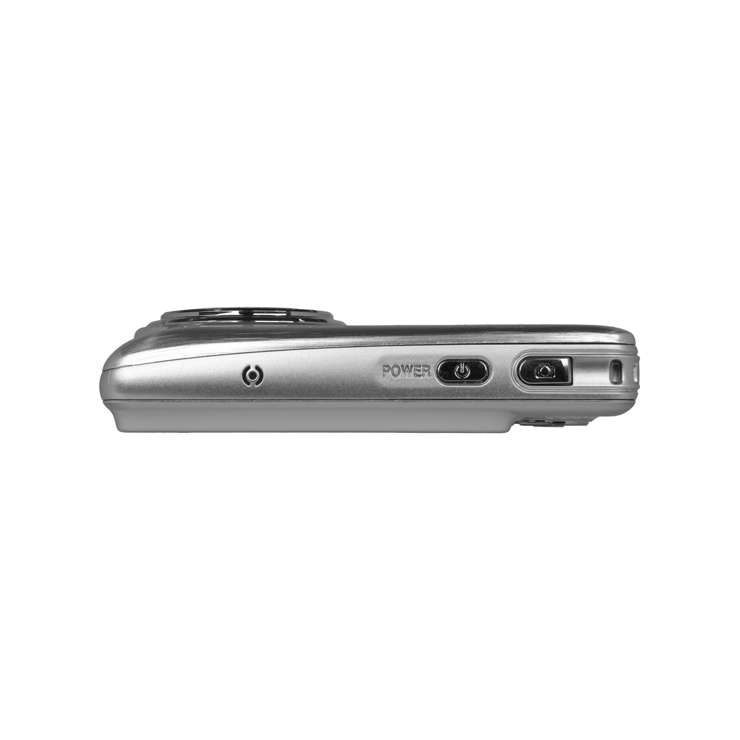 Side view of a silver digital camera. It has power and camera buttons, and a lens on the top. The background is black.