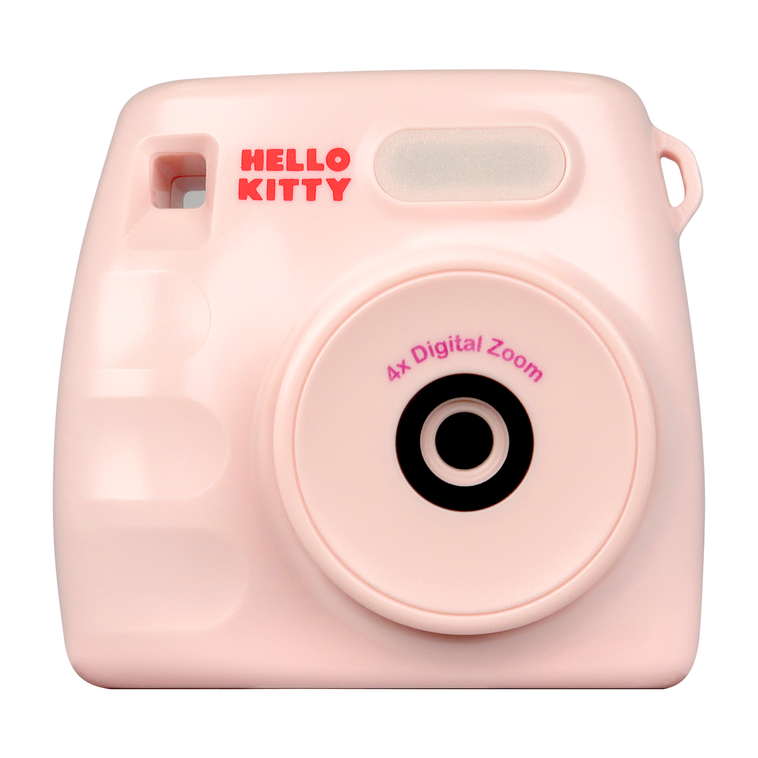 A pink Hello Kitty instant camera. It has a large lens and the words "4x Digital Zoom". The background is black.