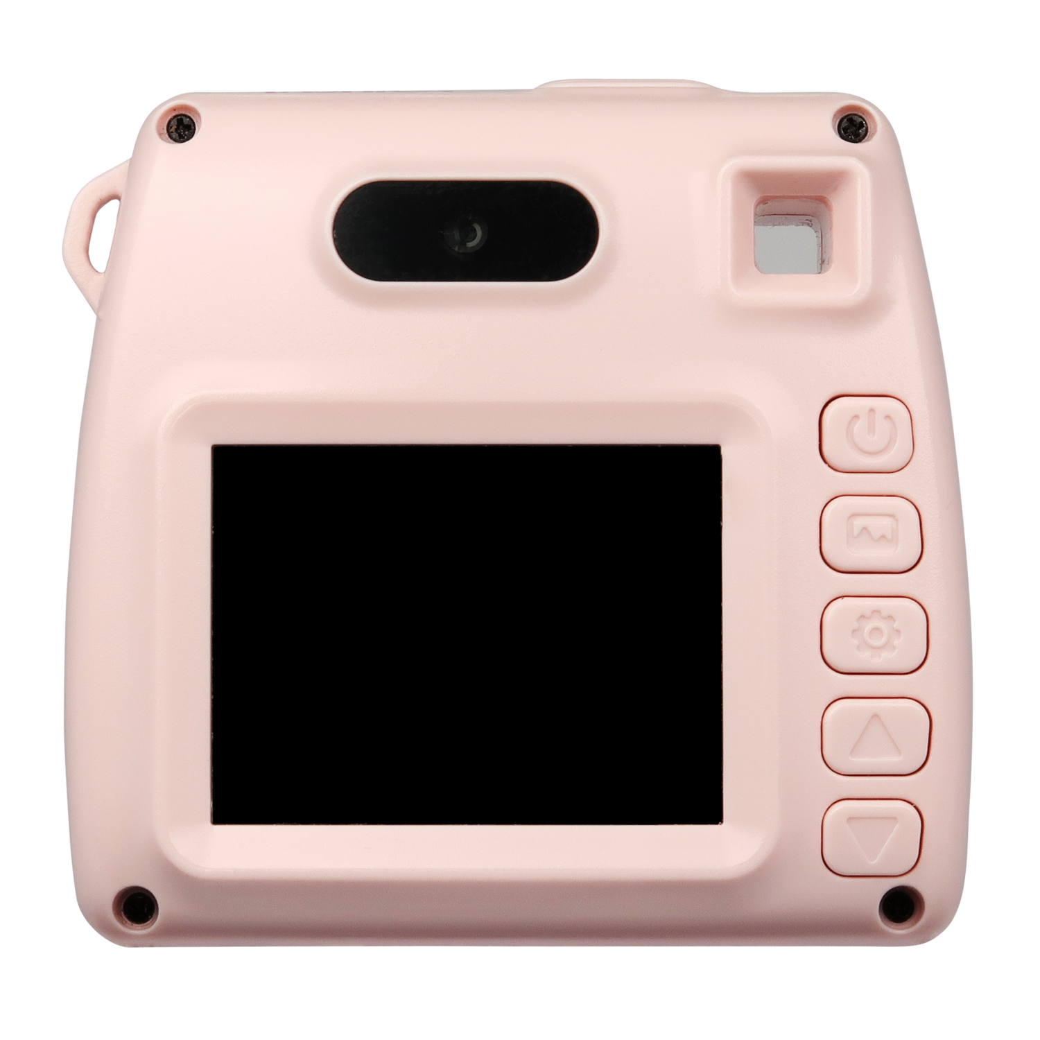 A pink instant camera with a black screen, lens, viewfinder, and buttons. Isolated on a black background.
