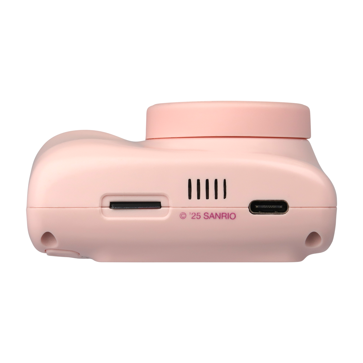 A pink camera with a lens on top. It has a slot for a memory card, a charging port, and the '25 Sanrio' logo.